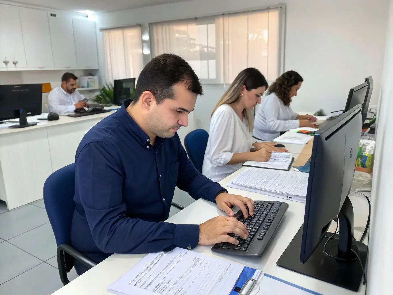 A professional office setting with employees efficiently managing data and documents, reflecting organized administrative tasks.