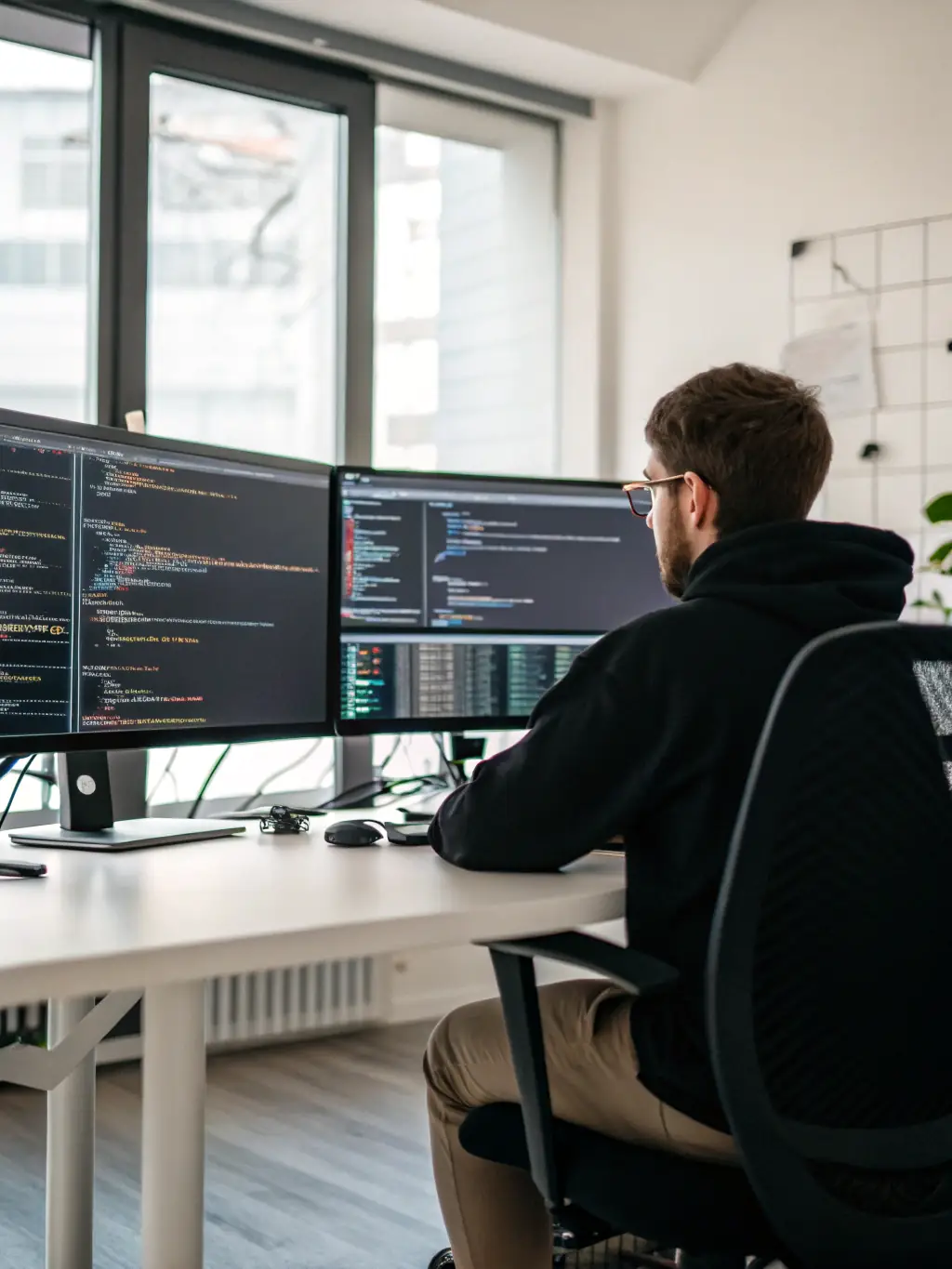A developer is writing code on a computer, with multiple screens displaying different lines of code. The setting is a modern office, emphasizing the practical aspects of software development.