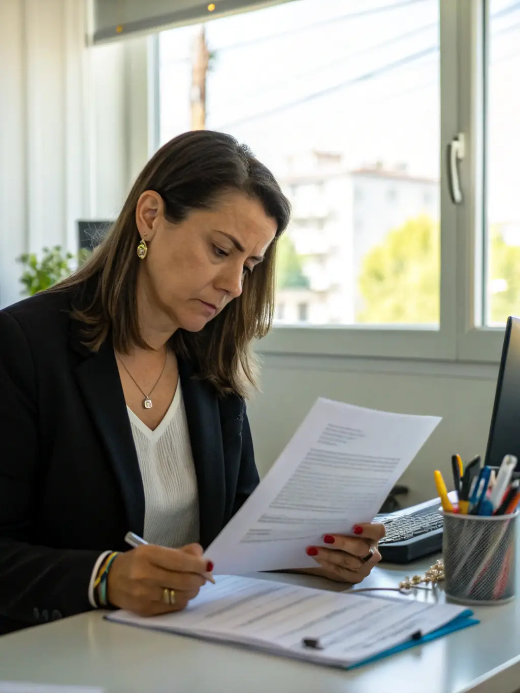 A professional assistant handling paperwork and using a computer in a modern office setting, representing reliable administrative services.