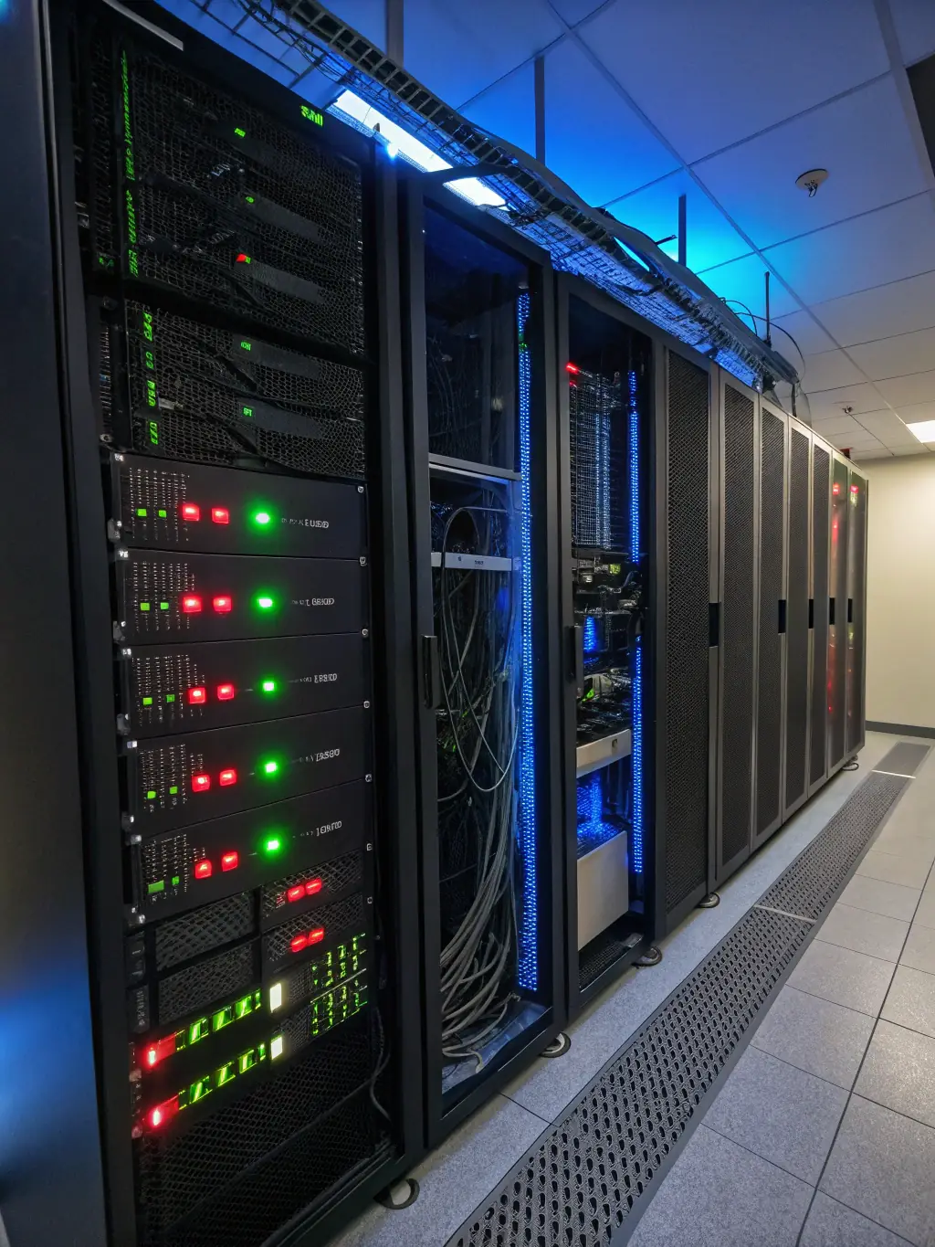 A server room with blinking lights and visible network cables, symbolizing the infrastructure required for scalable software applications.