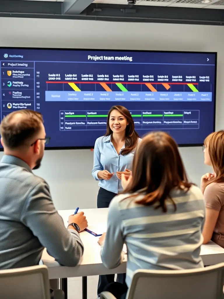A project manager is reviewing a software development timeline with a team, highlighting milestones and deliverables. The image conveys a sense of structured project management.