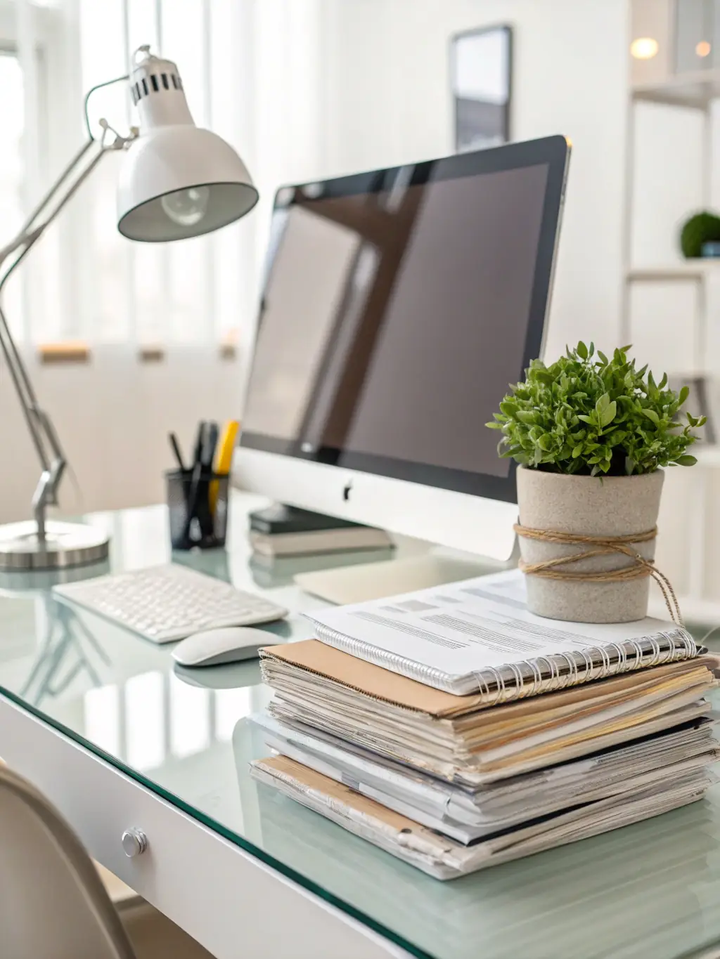 A well-organized office desk with a computer, phone, and neatly arranged documents, symbolizing efficient administrative support.